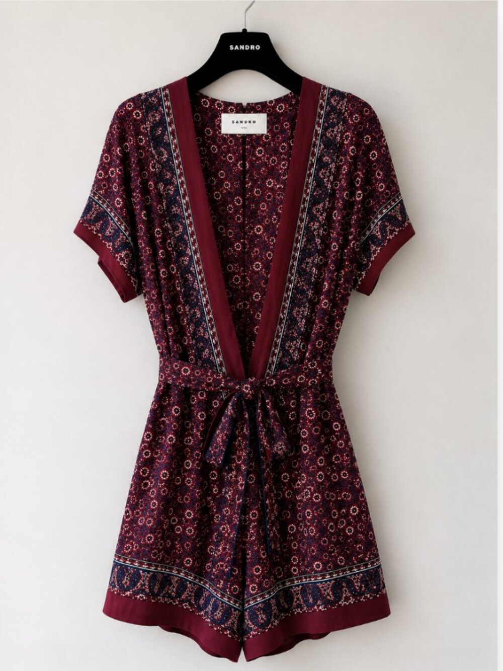 Sandro Paris Dilone Silk Romper FR 36 Burgundy Boho Floral Pockets NWT
